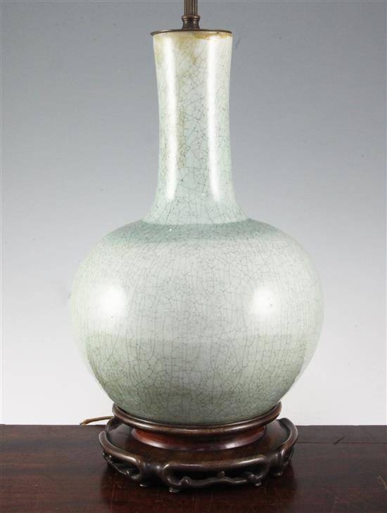 A Chinese celadon crackle-glaze bottle vase, mounted as a lamp, 20th century, height 41cm to rim of vase incl. stand